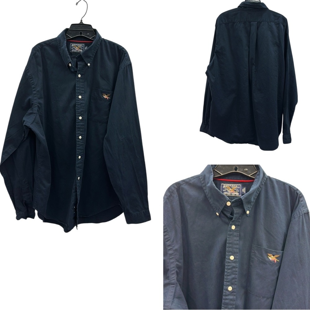 Vintage Cotton American Living Navy Blue Button Down Long Sleeve Logo Shirt XXL